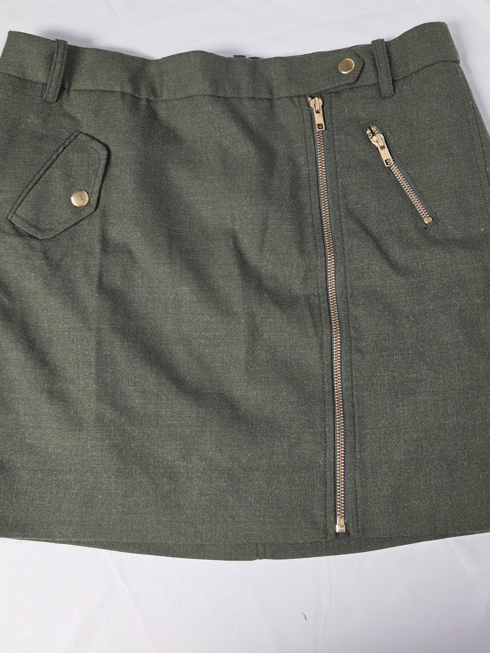 J. Crew Olive Green Mini Skirt with Gold Zipper Detail Size 8